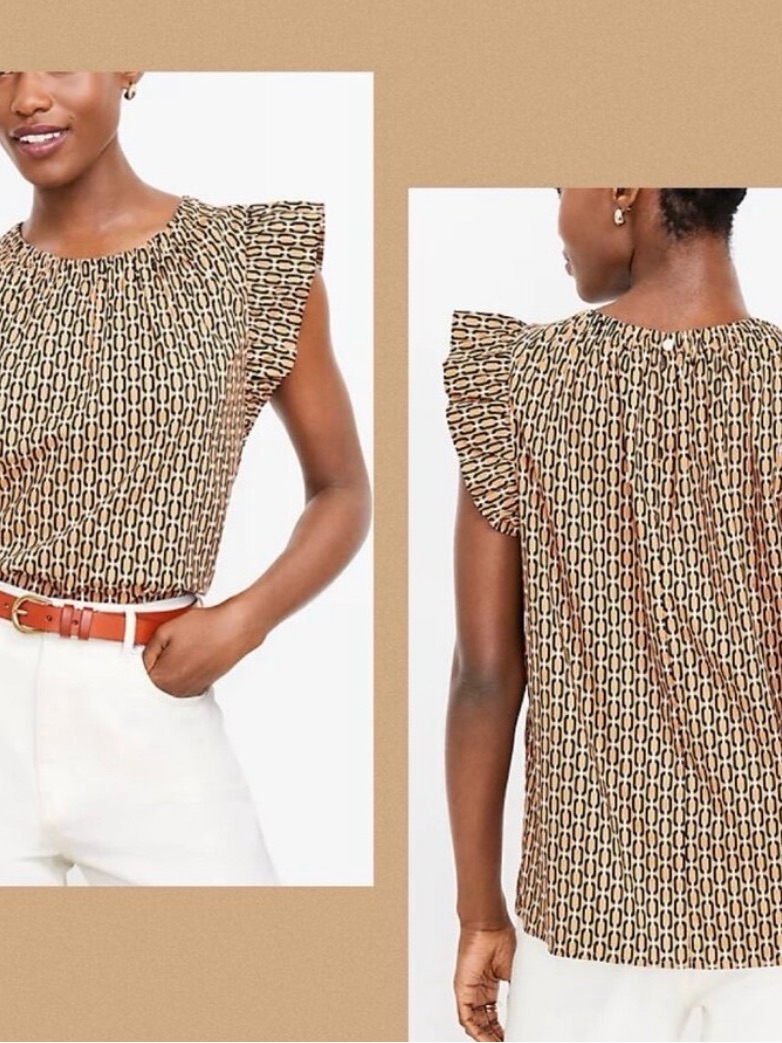 Loft Tan & Black Geometric Flutter Sleeve Blouse